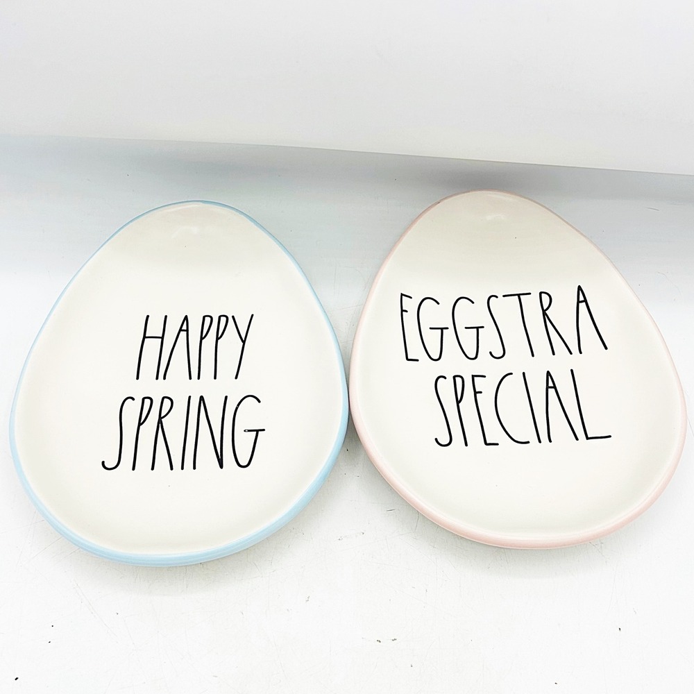 Rae Dunn Happy Spring Eggstra Special Egg Shaped Plates Set of 2 Ceramic Easter